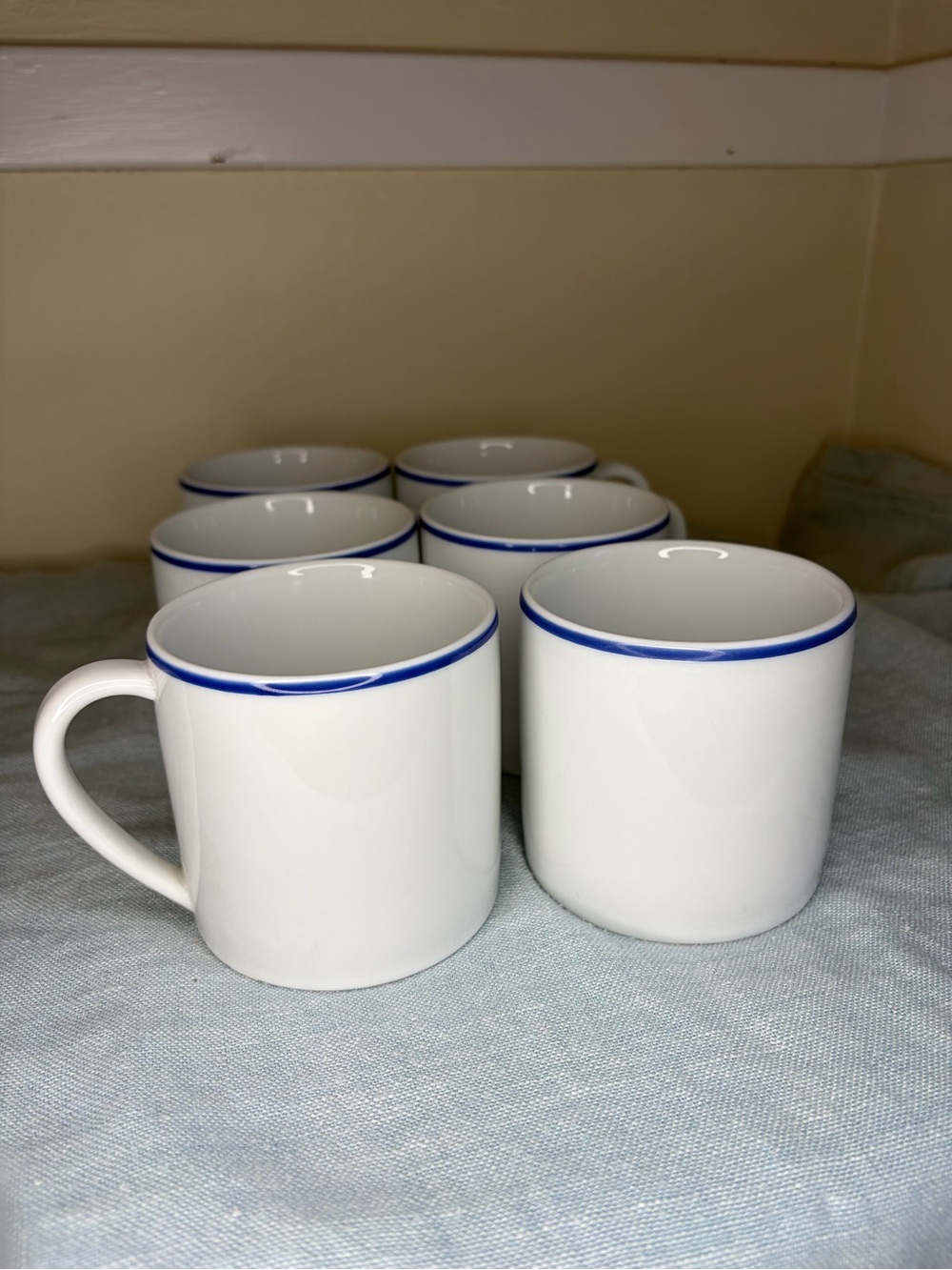 Set of 6 Apilco France Tradition Blue-Banded Porcelain Mugs